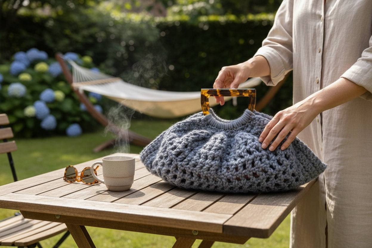 Bolso Mano Crochet Gris Semicircular Asa Acrílico
