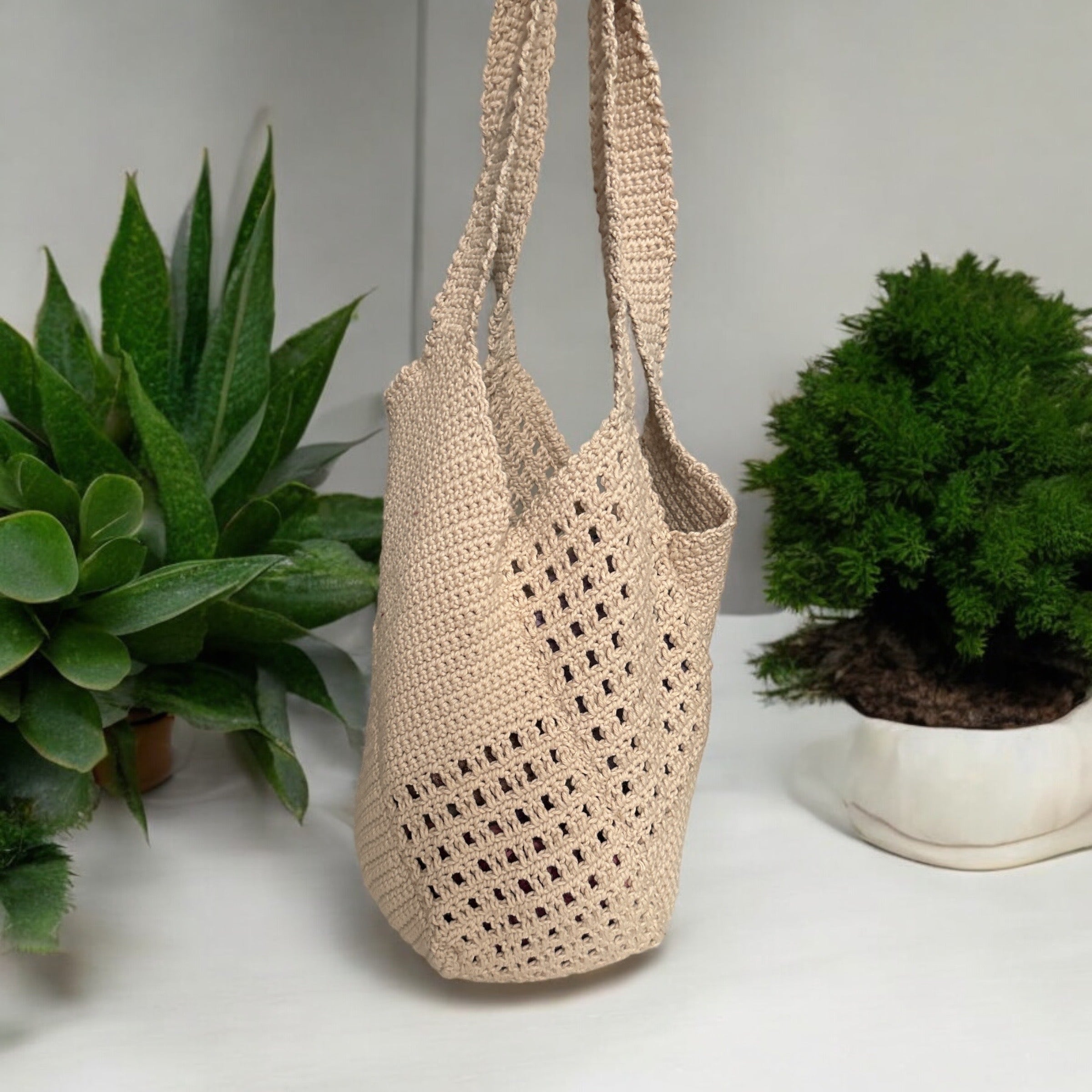 BOLSO TEJIDO A CROCHET COLOR CRUDO PUNTO CALADO DOBLE ASA