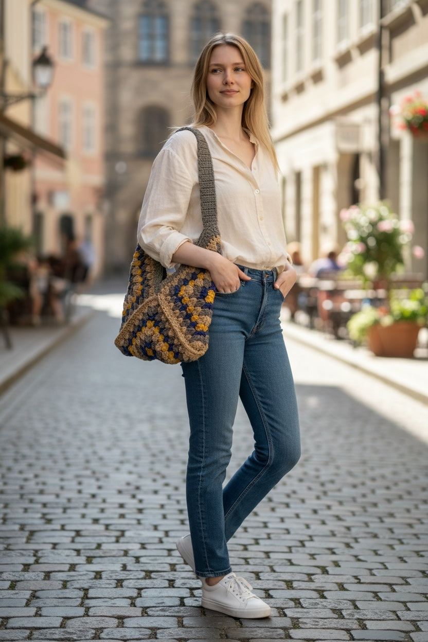 Bolso Tote Crochet Gris Azul y Amarillo