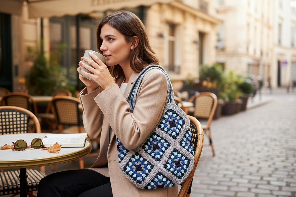 Bolso Hombro Crochet Granny Square Azul y Gris