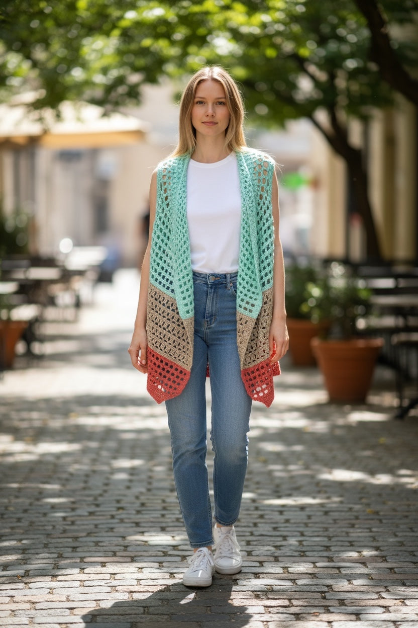 Chaleco Largo Crochet Tricolor