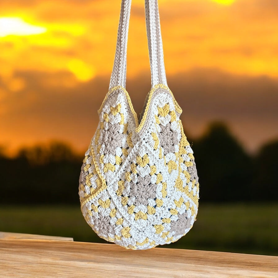 Bolso Tote Crochet Beige Amarillo y Gris