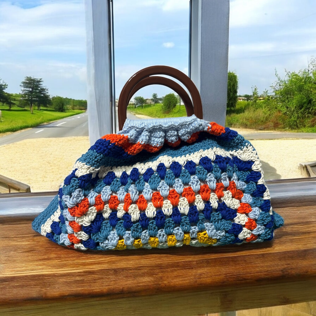 Bolso Mano Crochet Granny Square Asa Madera