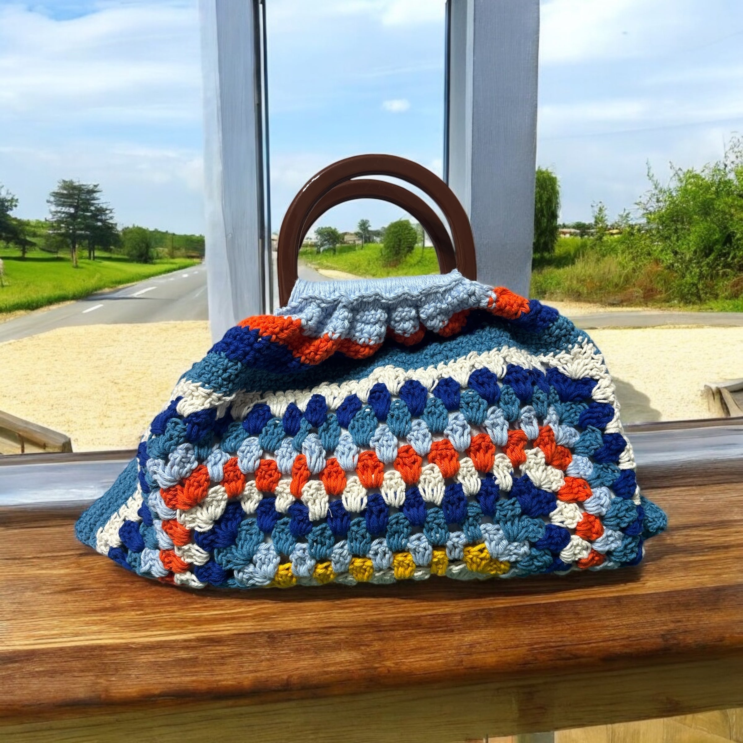 Bolso Mano Crochet Granny Square Asa Madera
