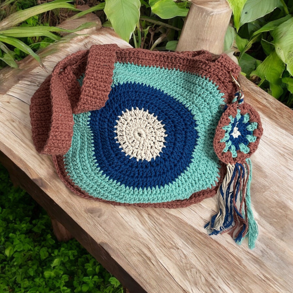 Bolso Cruzado Crochet Circular Turquesa y Marrón