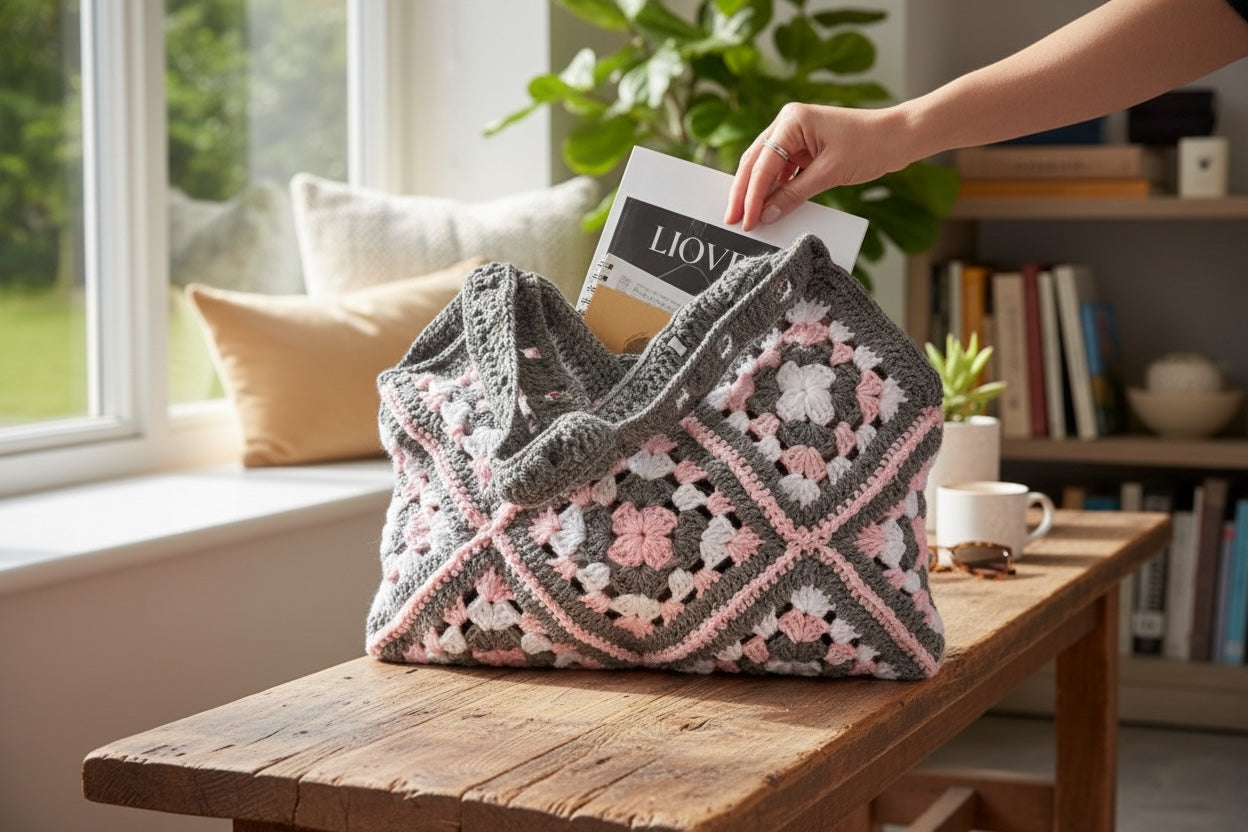 Bolso Mano Crochet Granny Square Gris y Rosa