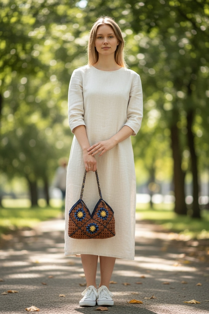 Bolso Crochet Granny Square Marrón y Azul Asa Trenzada