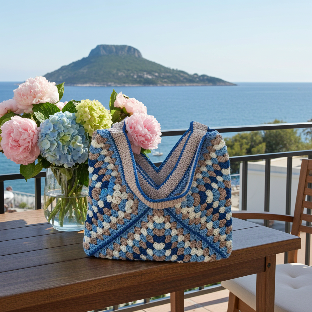 Bolso Playa Crochet Granny Square Azul y Beige