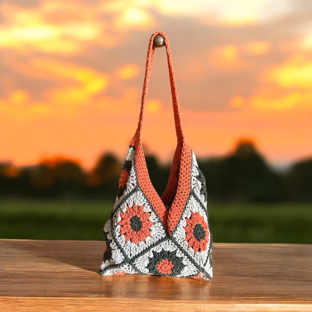 Bolso Hombro Crochet Granny Square Coral y Gris
