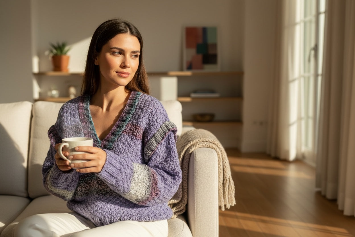 Suéter Crochet Cuello V Lavanda con Rayas