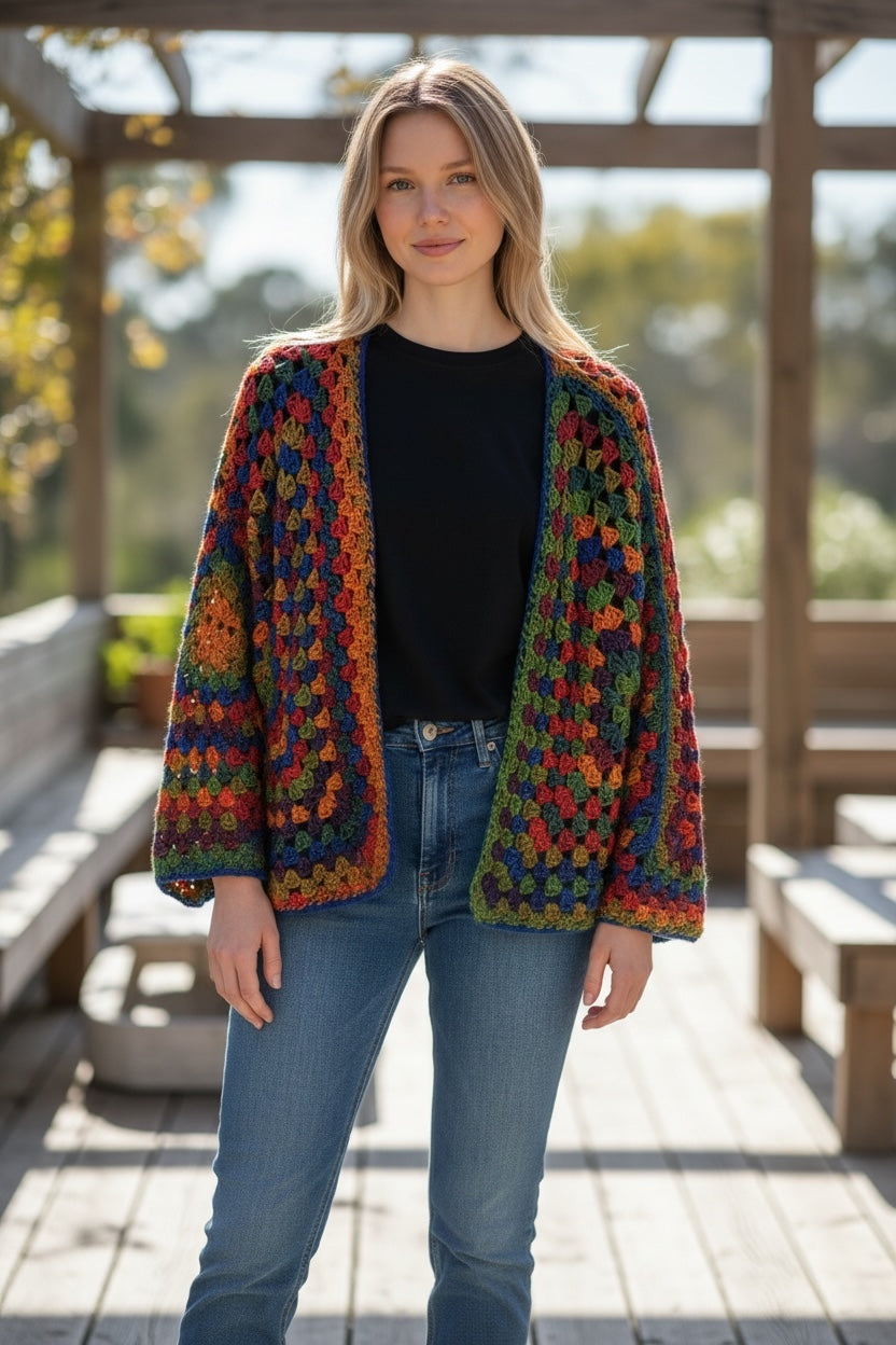 Cardigan Crochet Granny Square Arcoíris Boho