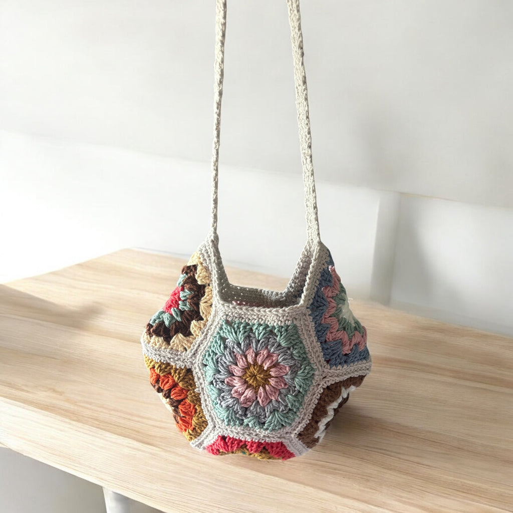 Bolso Hombro Crochet Hexagonal con Flores Boho