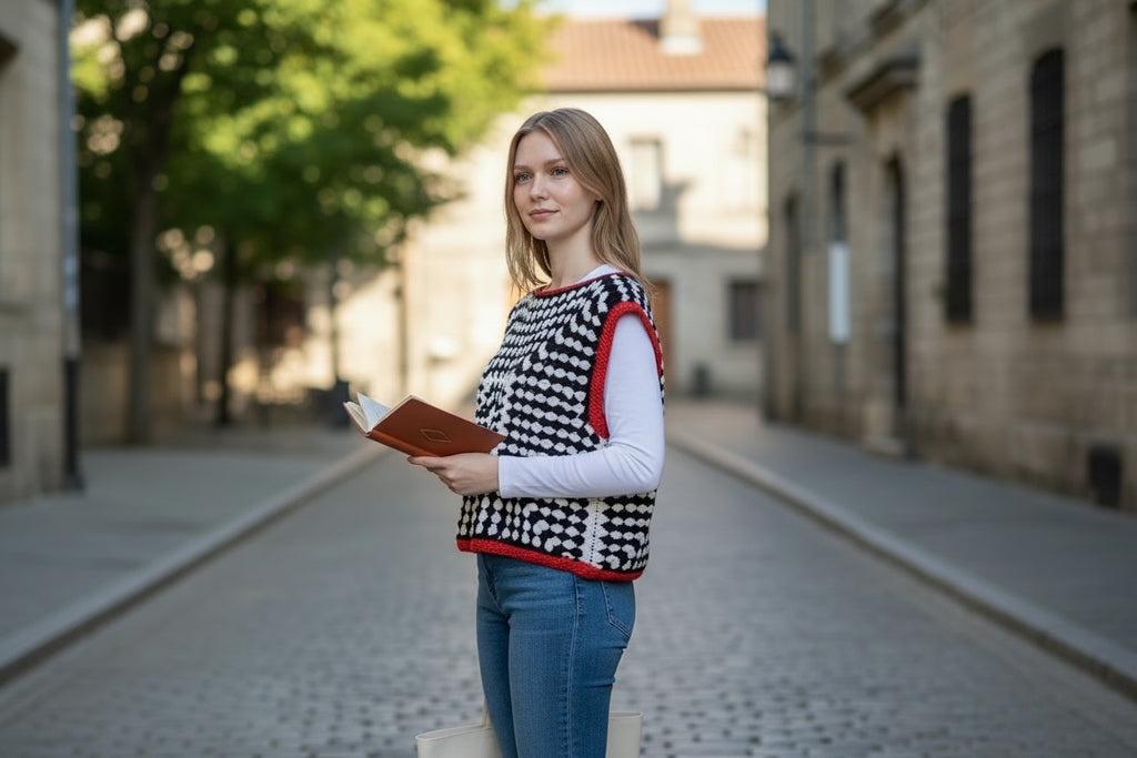 Top Crochet Granny B&W Bordes Rojos