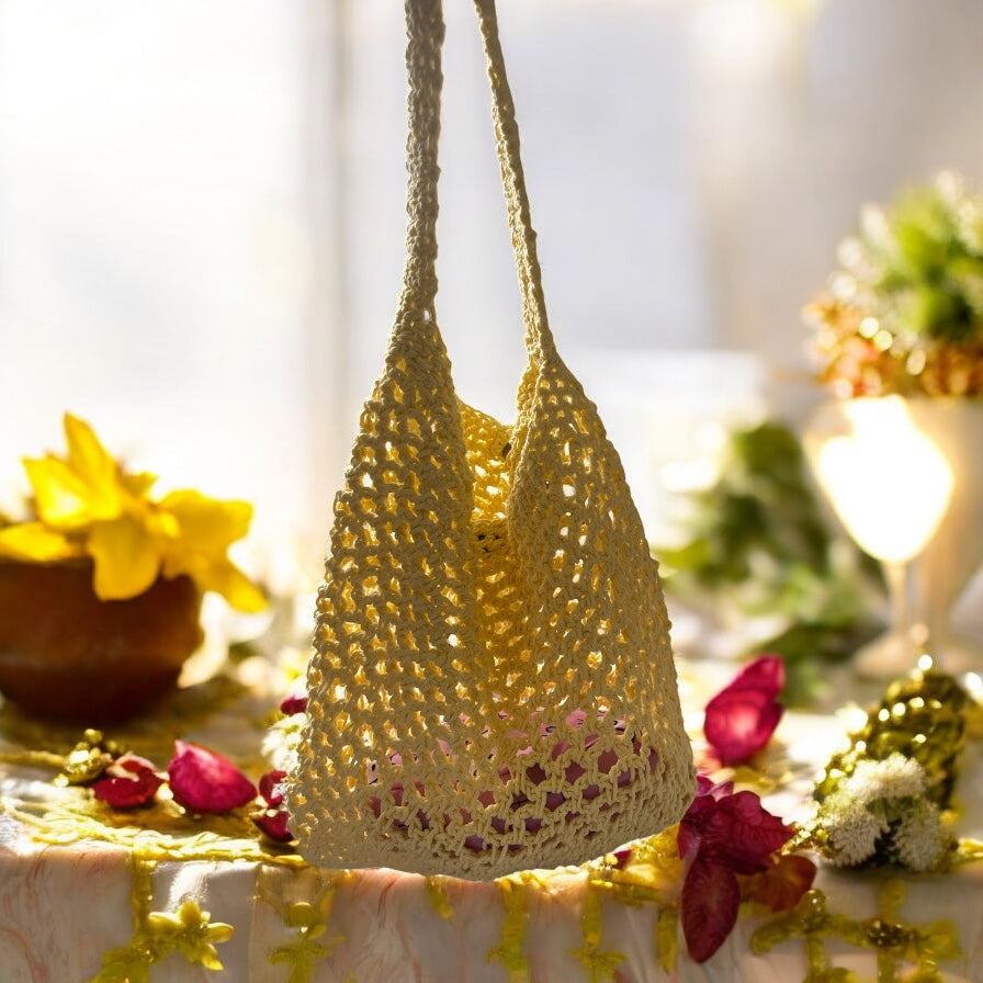 BOLSO CALADO TEJIDO A CROCHET DE HILO AMARILLO