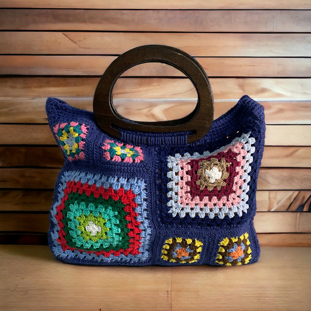 Bolso Mano Crochet Granny Square Azul Marino Asa Madera