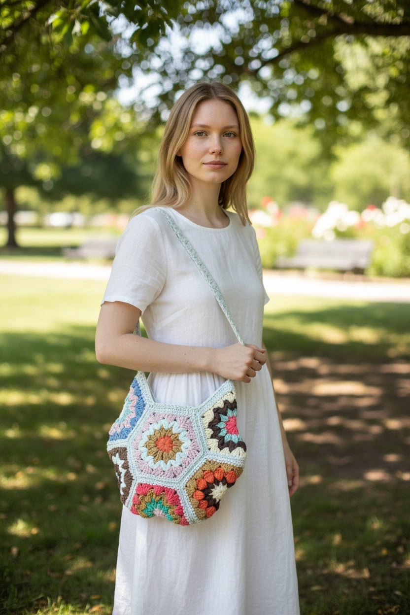 Bolso Hombro Crochet Hexagonal con Flores Boho
