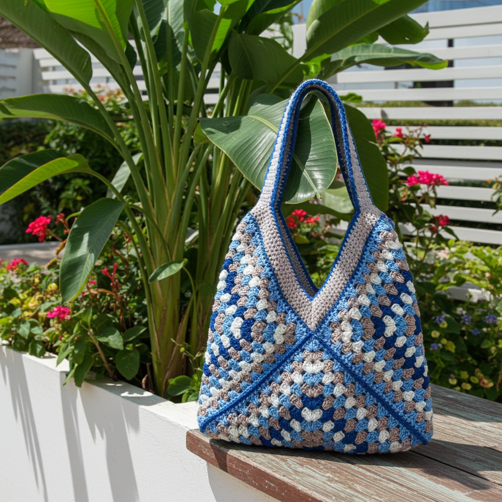 Bolso Playa Crochet Granny Square Azul y Beige