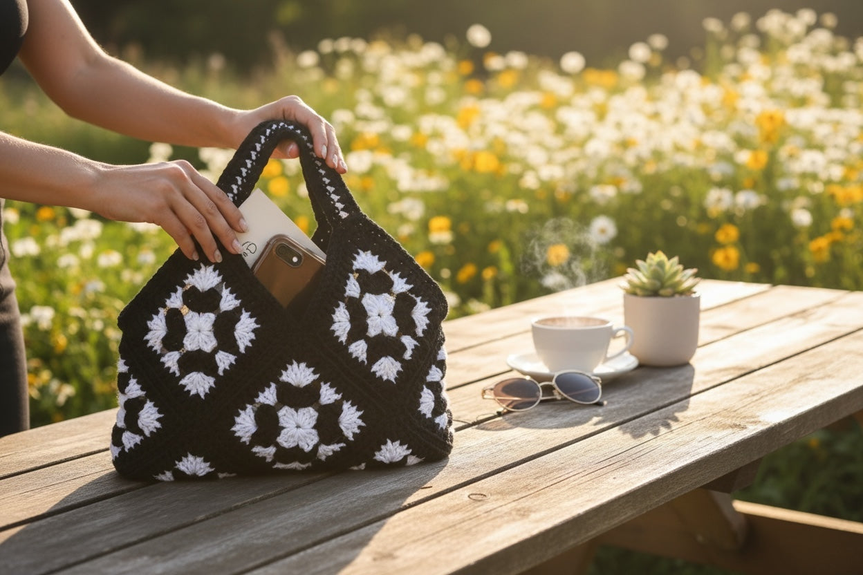 Bolso Hombro Crochet Granny Square Negro con Flores
