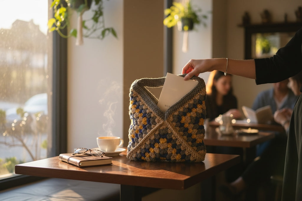 Bolso Tote Crochet Gris Azul y Amarillo
