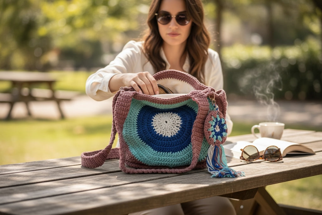 Bolso Cruzado Crochet Circular Turquesa y Marrón