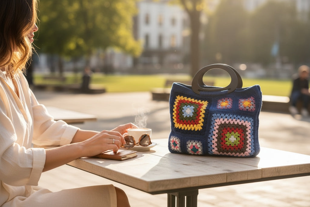 Bolso Mano Crochet Granny Square Azul Marino Asa Madera