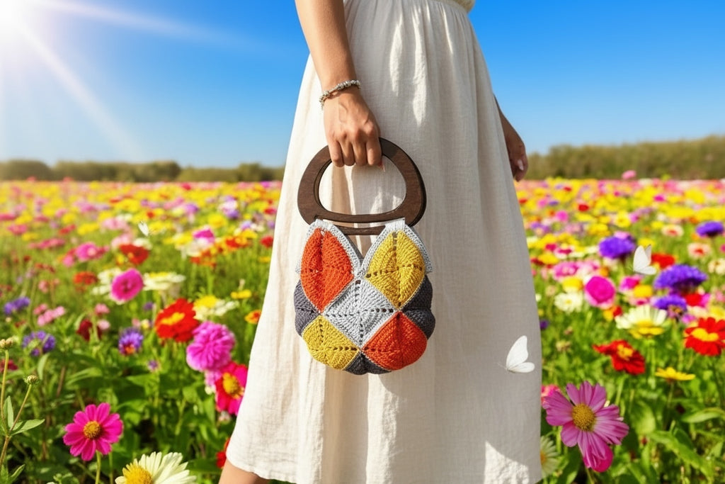Bolso Mano Crochet Geométrico Asa de Madera
