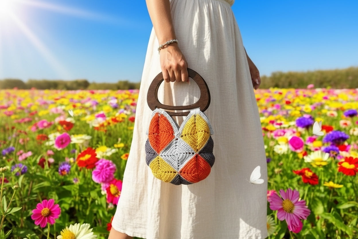 Bolso Mano Crochet Geométrico Asa de Madera