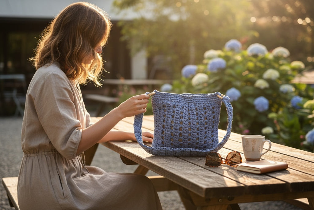 BOLSO DE TRAPILLO LILA TEJIDO A CROCHET