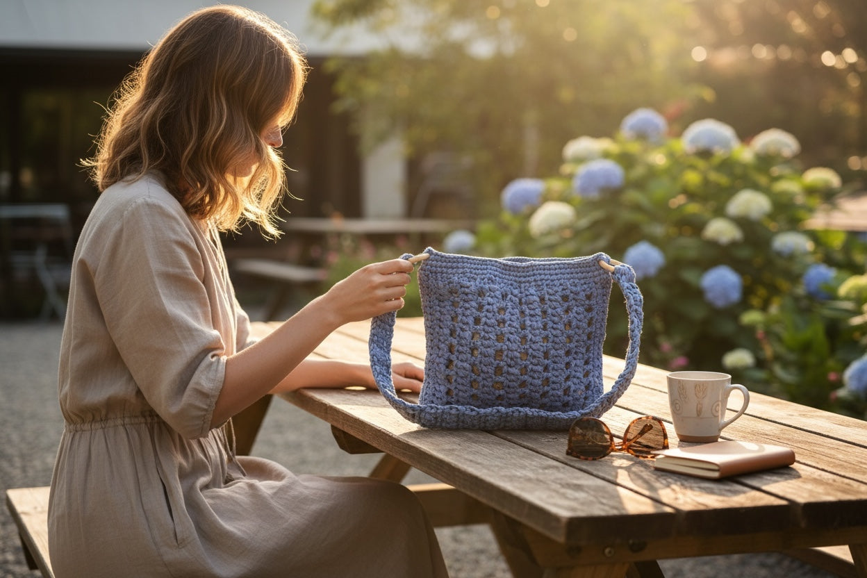 BOLSO DE TRAPILLO LILA TEJIDO A CROCHET