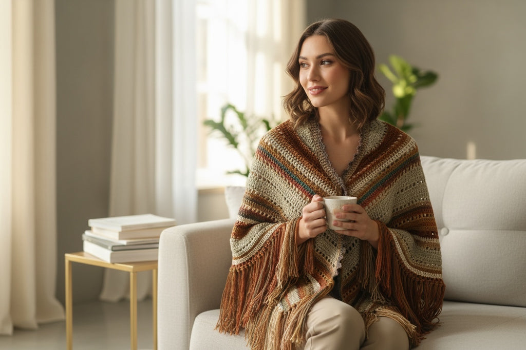 Chal Crochet Colores Tierra con Flecos