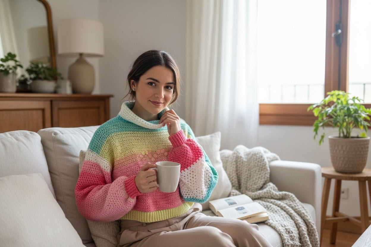 Suéter Crochet Cropped Pastel Arcoíris Cuello Alto