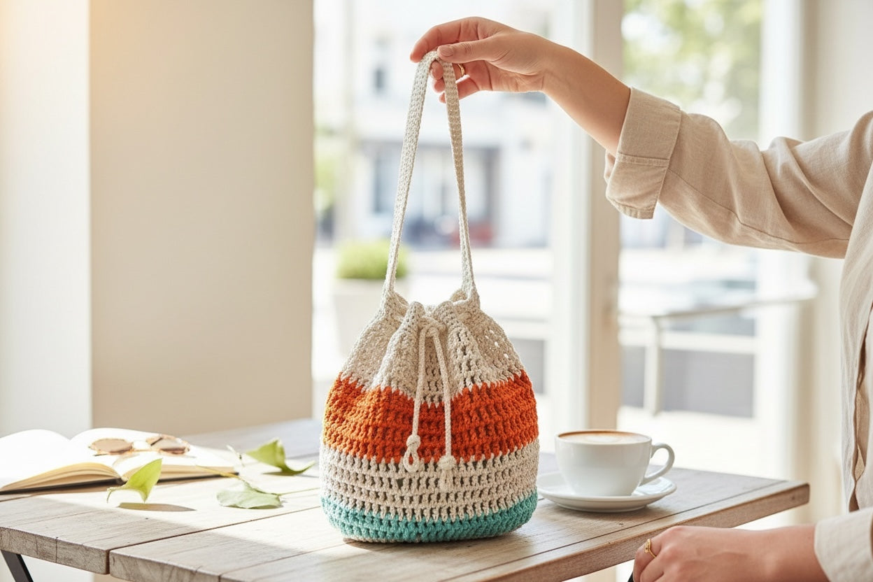 BOLSO TEJIDO DE CROCHET DE TRES COLORES CALADO