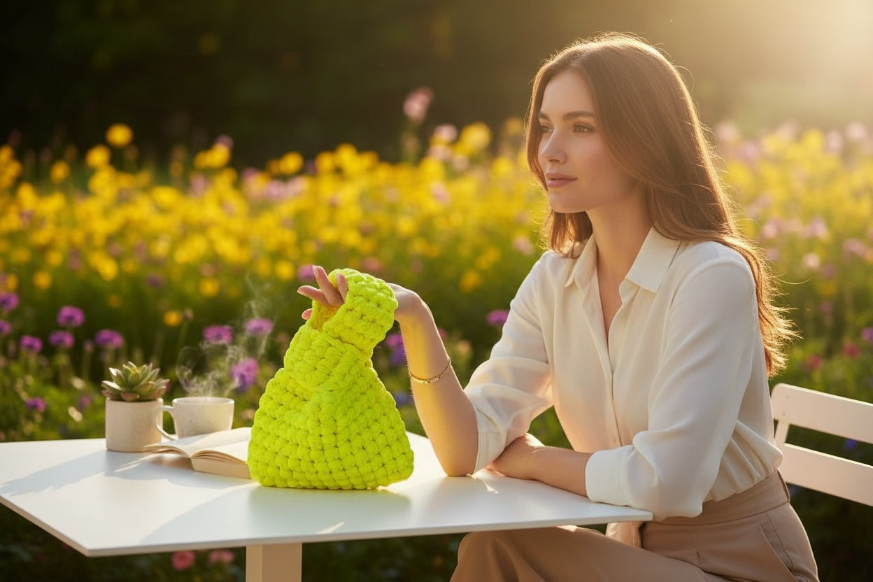 Bolso Mano Crochet Verde Lima Estilo Nudo