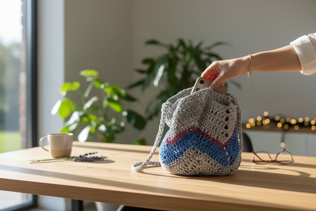 Bolso Mano Crochet Gris y Azul Boho
