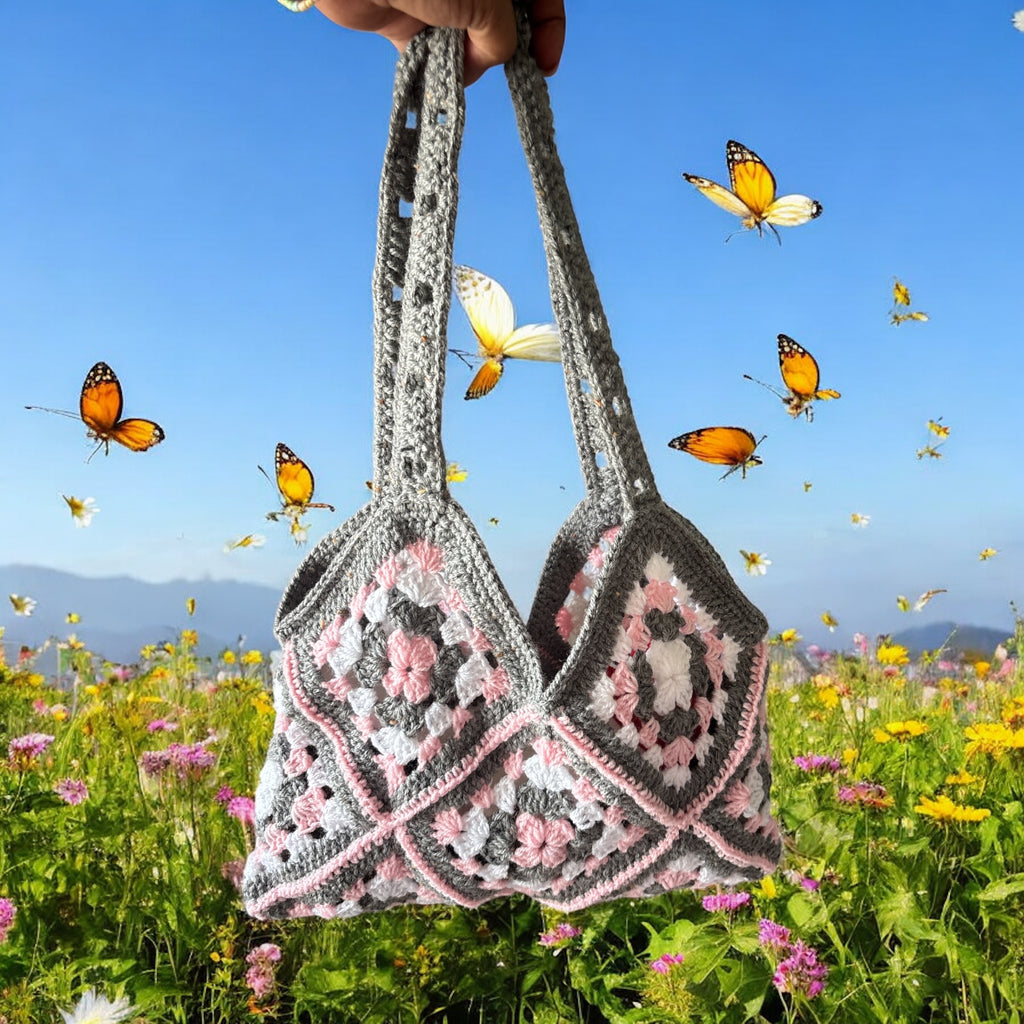 Bolso Mano Crochet Granny Square Gris y Rosa