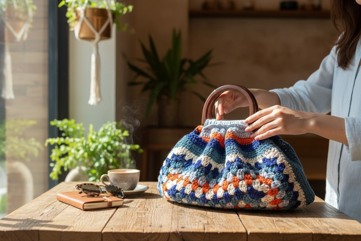 Bolso Mano Crochet Granny Square Asa Madera