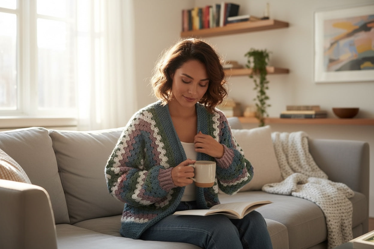 Chaqueta Crochet Granny Square Azul y Malva