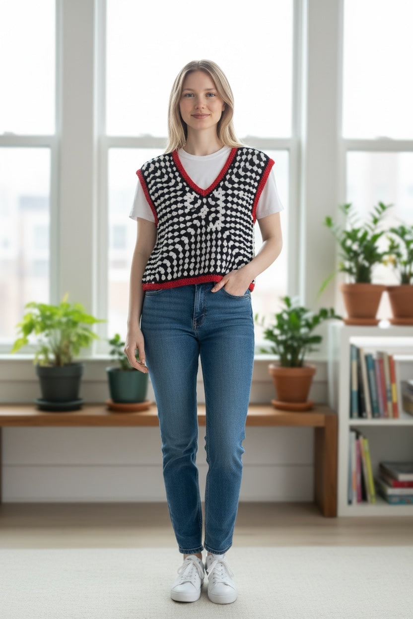 Top Crochet Granny B&W Bordes Rojos