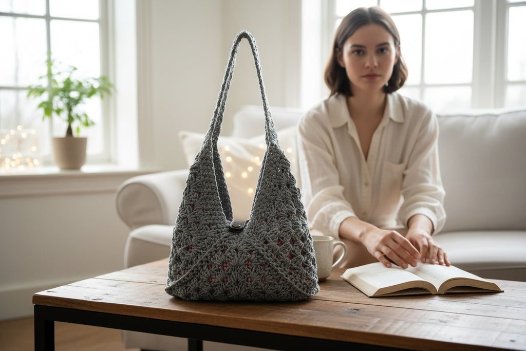 Bolso Crochet Gris Estilo Hobo