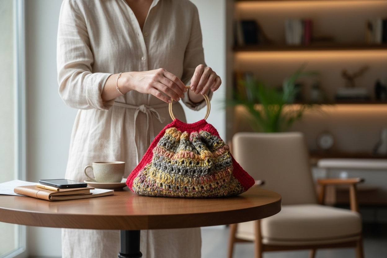 Bolso Mano Crochet Rojo Asa Bambú