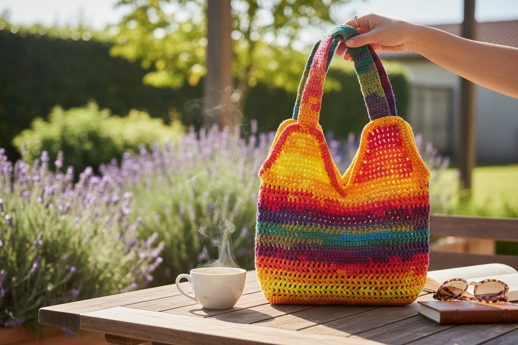 BOLSO TEJIDO A CROCHET DE COLORINES EN TONOS DE VERANO