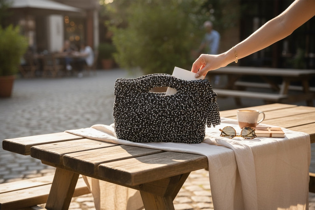 BOLSO DE TRAPILLO TEJIDO A CROCHET BLANCO CON NEGRO