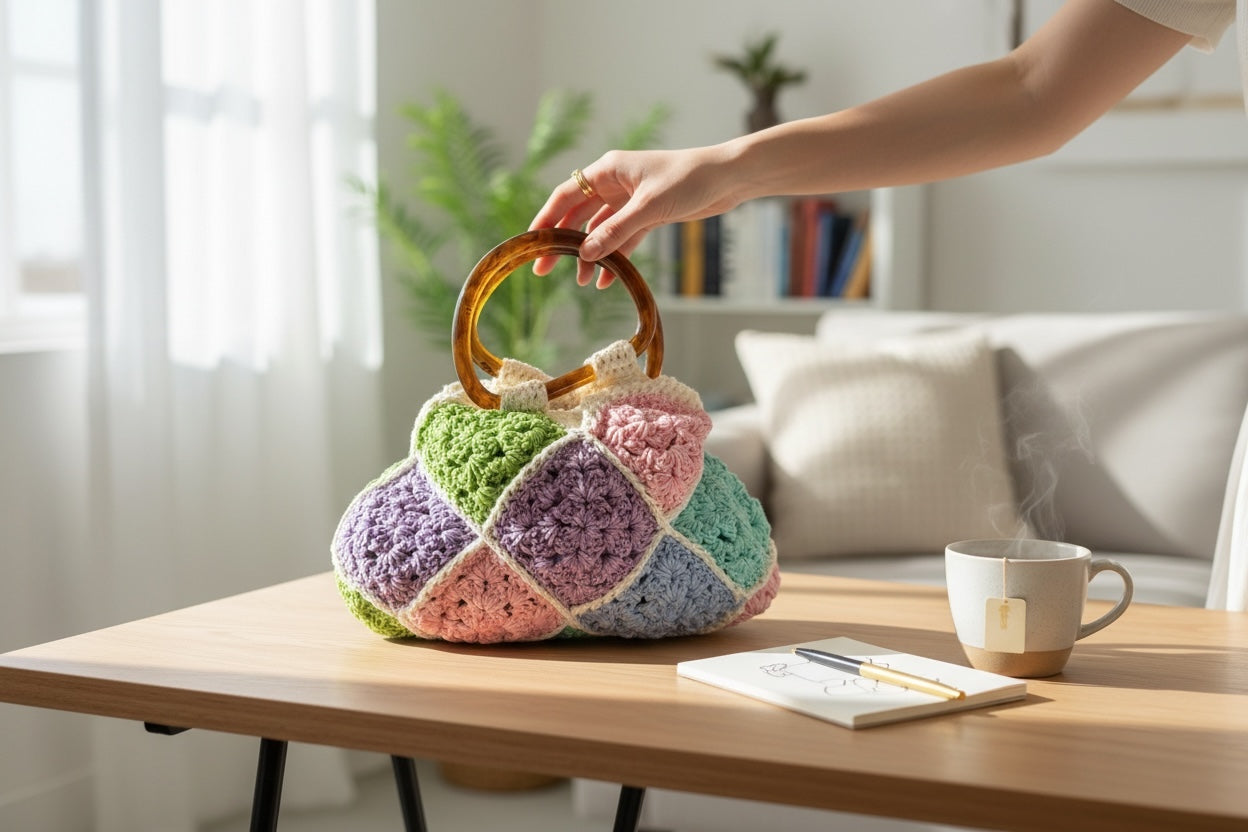 Bolso Mano Crochet Granny Square Pastel Asa Acrílico
