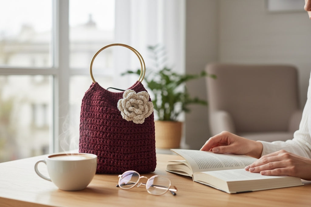 Bolso Mano Crochet Burgundy Flor Crema Anillo Dorado