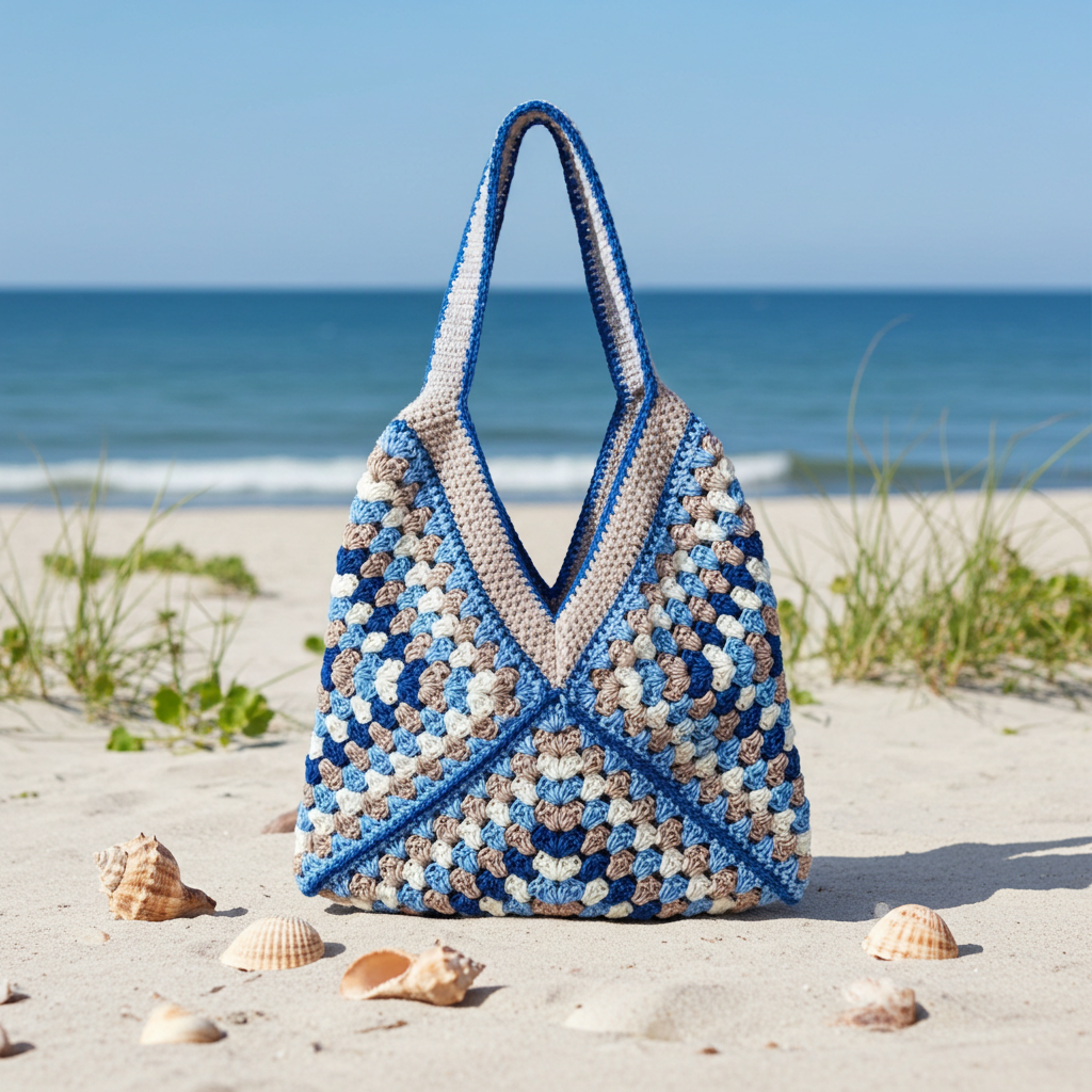 Bolso Playa Crochet Granny Square Azul y Beige