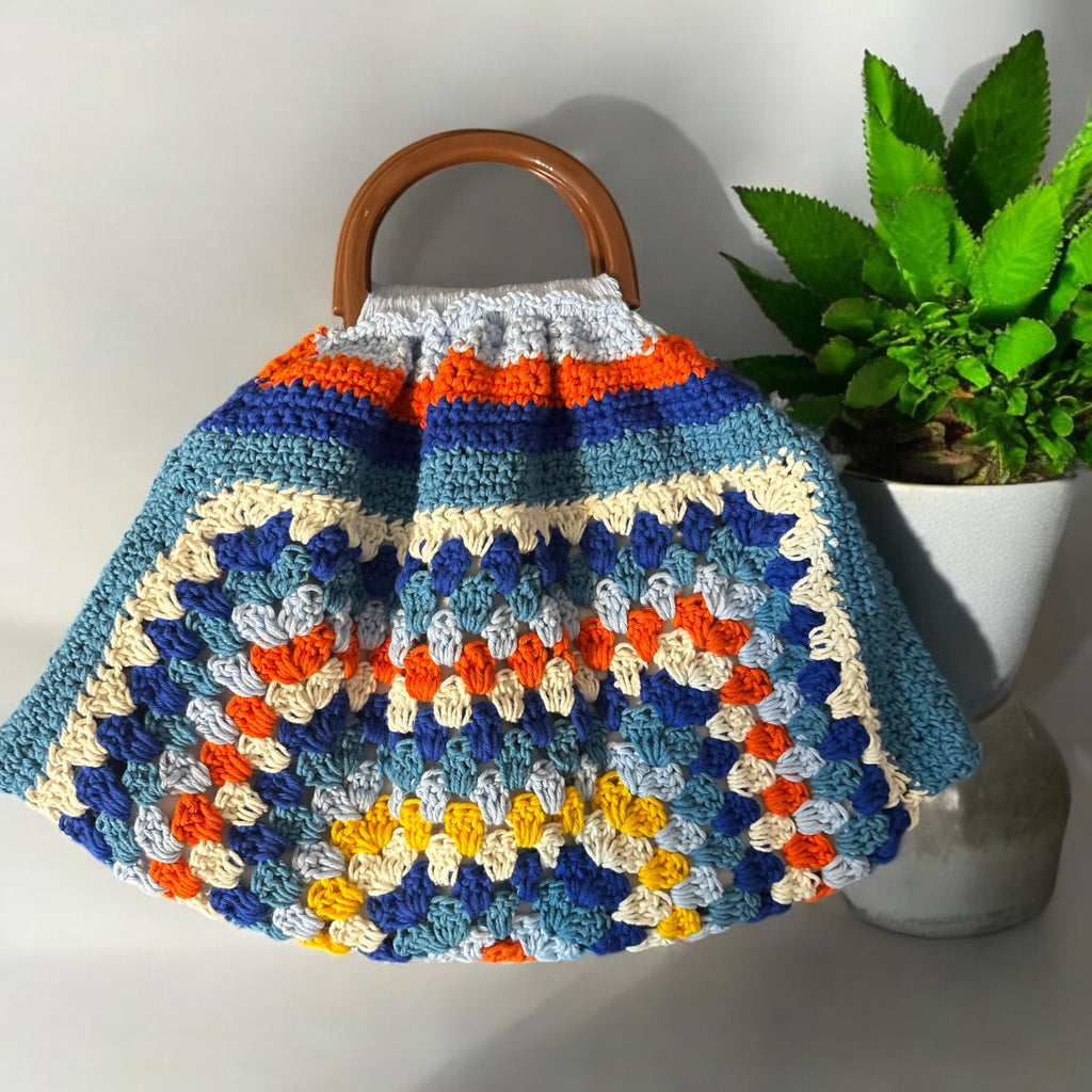 Bolso Mano Crochet Granny Square Asa Madera