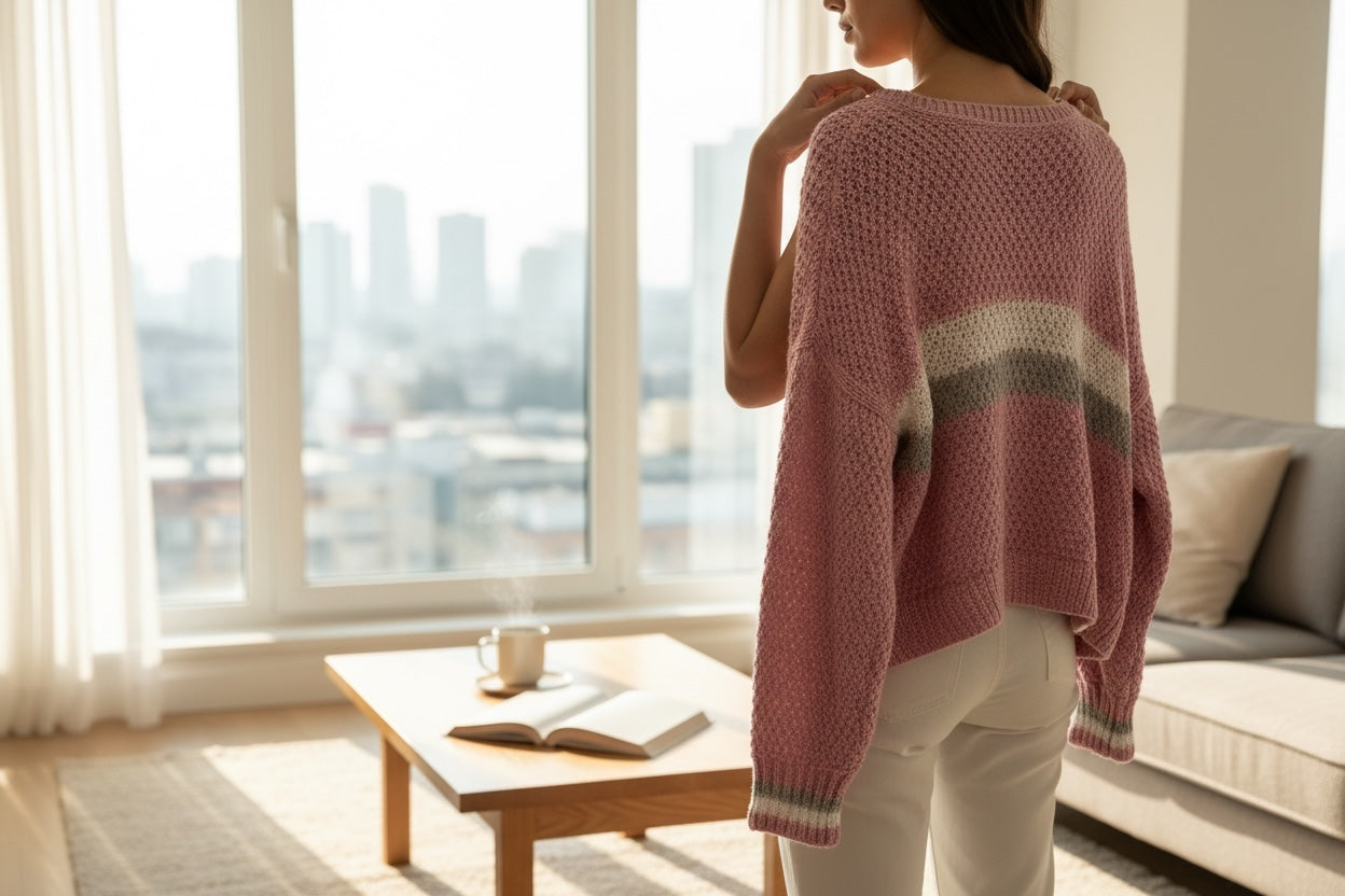 Suéter Crochet Cropped Cuello V Rosa