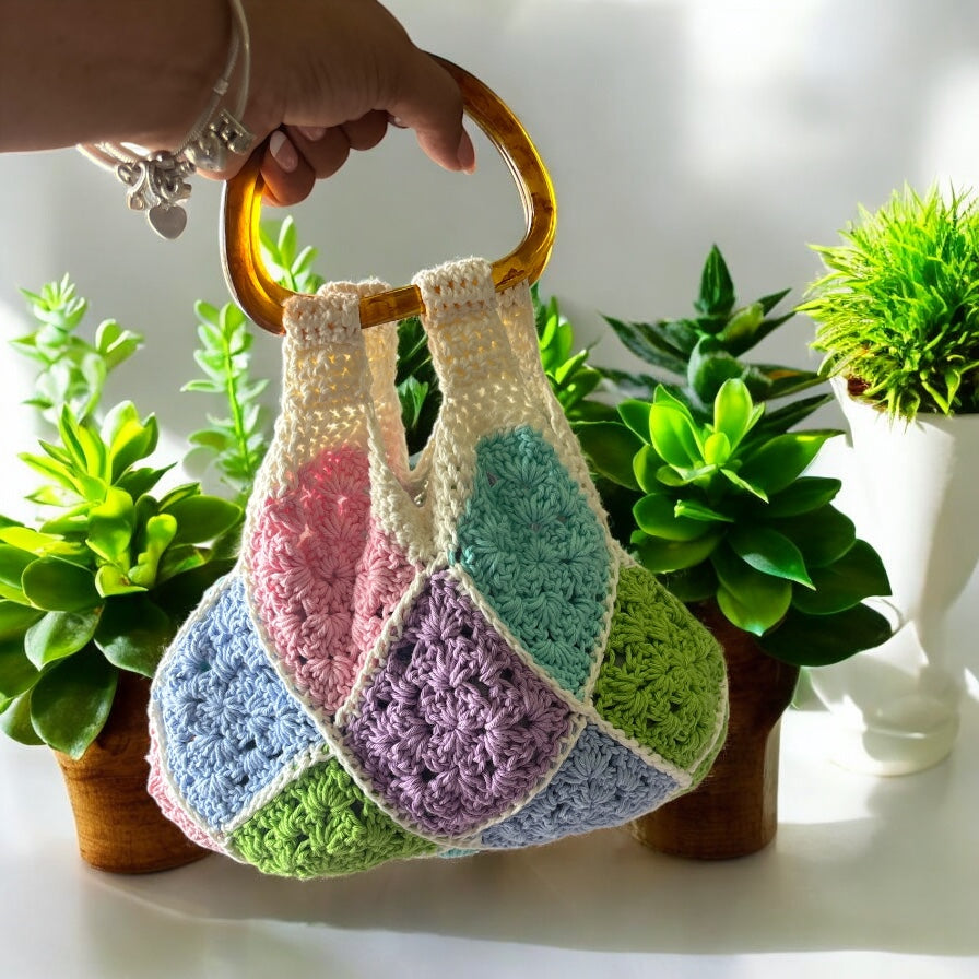 Bolso Mano Crochet Granny Square Pastel Asa Acrílico