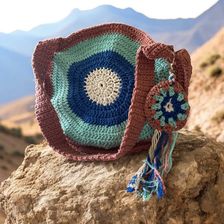 Bolso Cruzado Crochet Circular Turquesa y Marrón