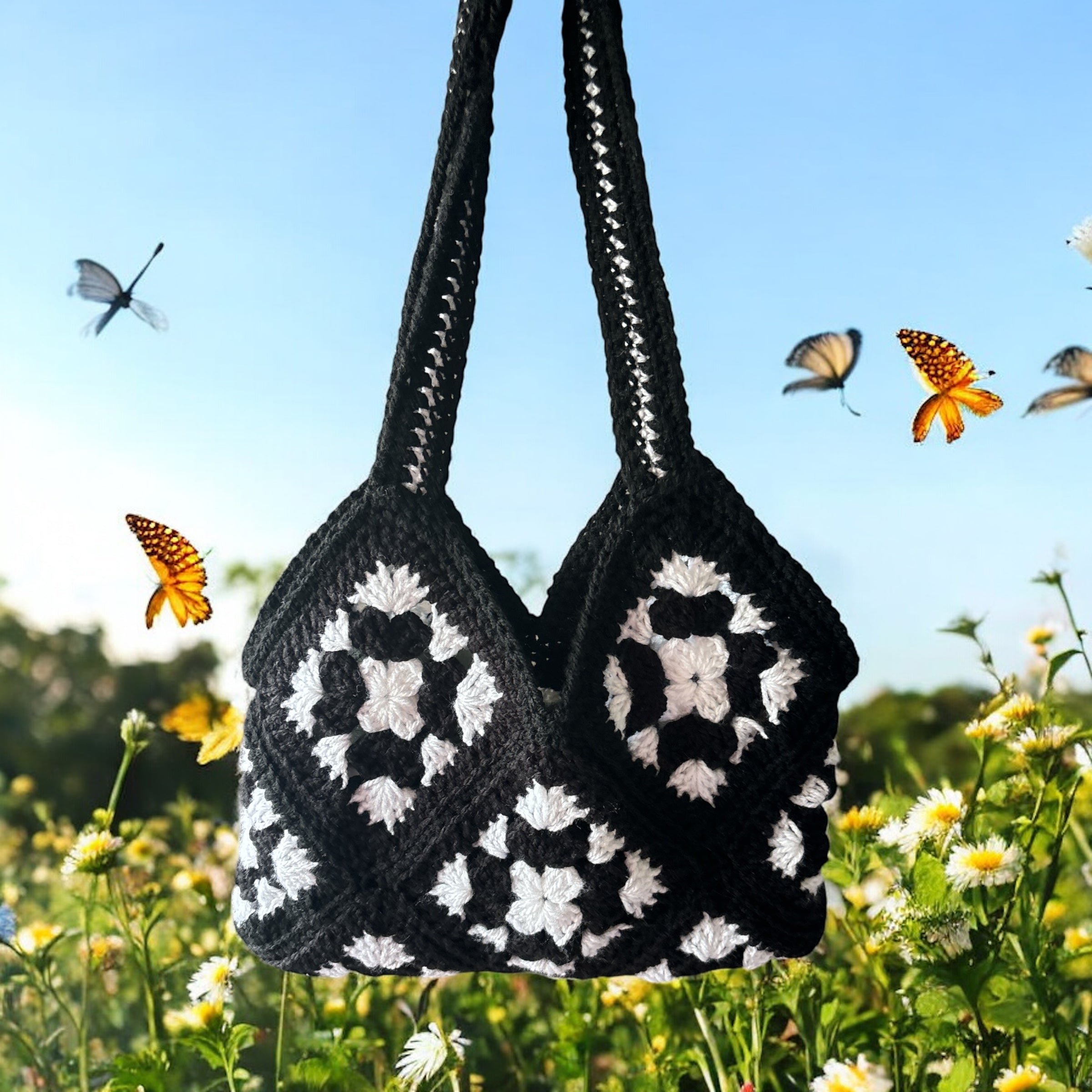 Bolso Hombro Crochet Granny Square Negro con Flores